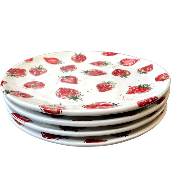 ELI + ANA Handmade Ceramics Strawberry Dinner Plates 11in Set of 4 NEW - Picture 2 of 10